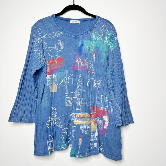 Jess & Jane Mineral Wash City Abstract Tunic Top Blue Lagenlook Artsy Medium - Picture 1 of 9